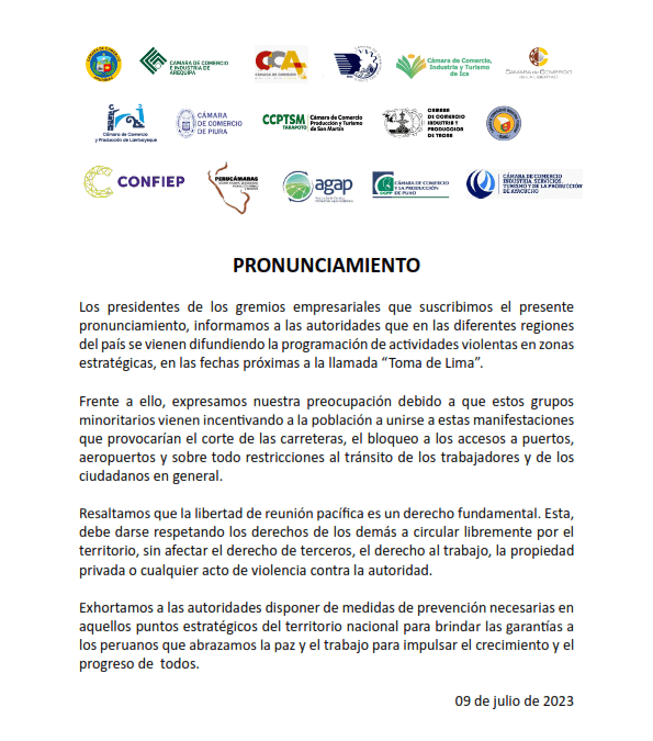 PRONUNCIAMIENTO: Sobre la programación de actividades violentas en zonas estratégicas frente a la llamada “Toma de Lima”